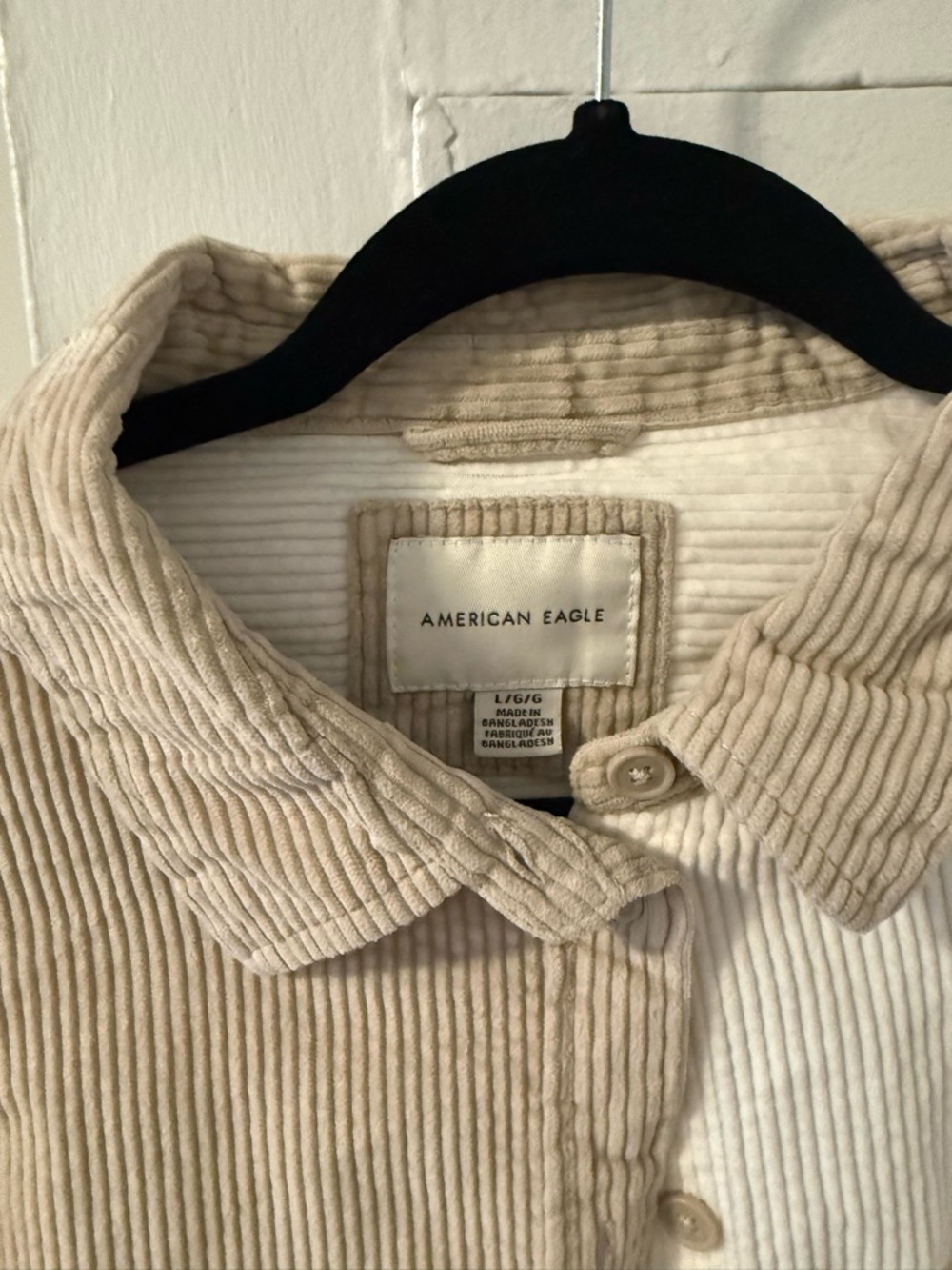 American Eagle Two-Tone Corduroy Button-Up Shirt in Beige and White - Picture 2 of 5